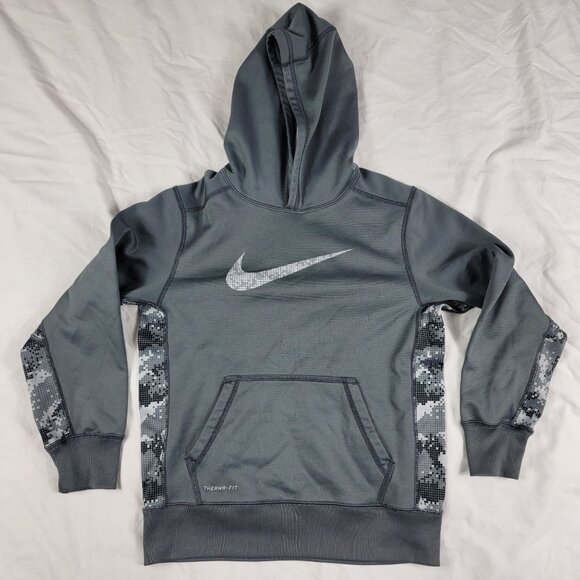 Nike Therma Fit Boys Medium Gray Hoodie Camo Winter Warm Casual